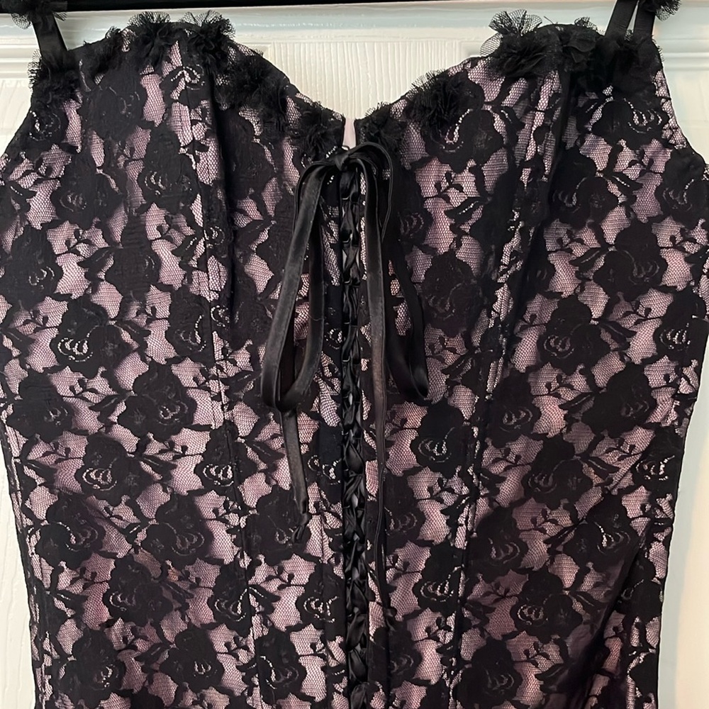 Frederick’s of Hollywood pink and black lace corset with garters